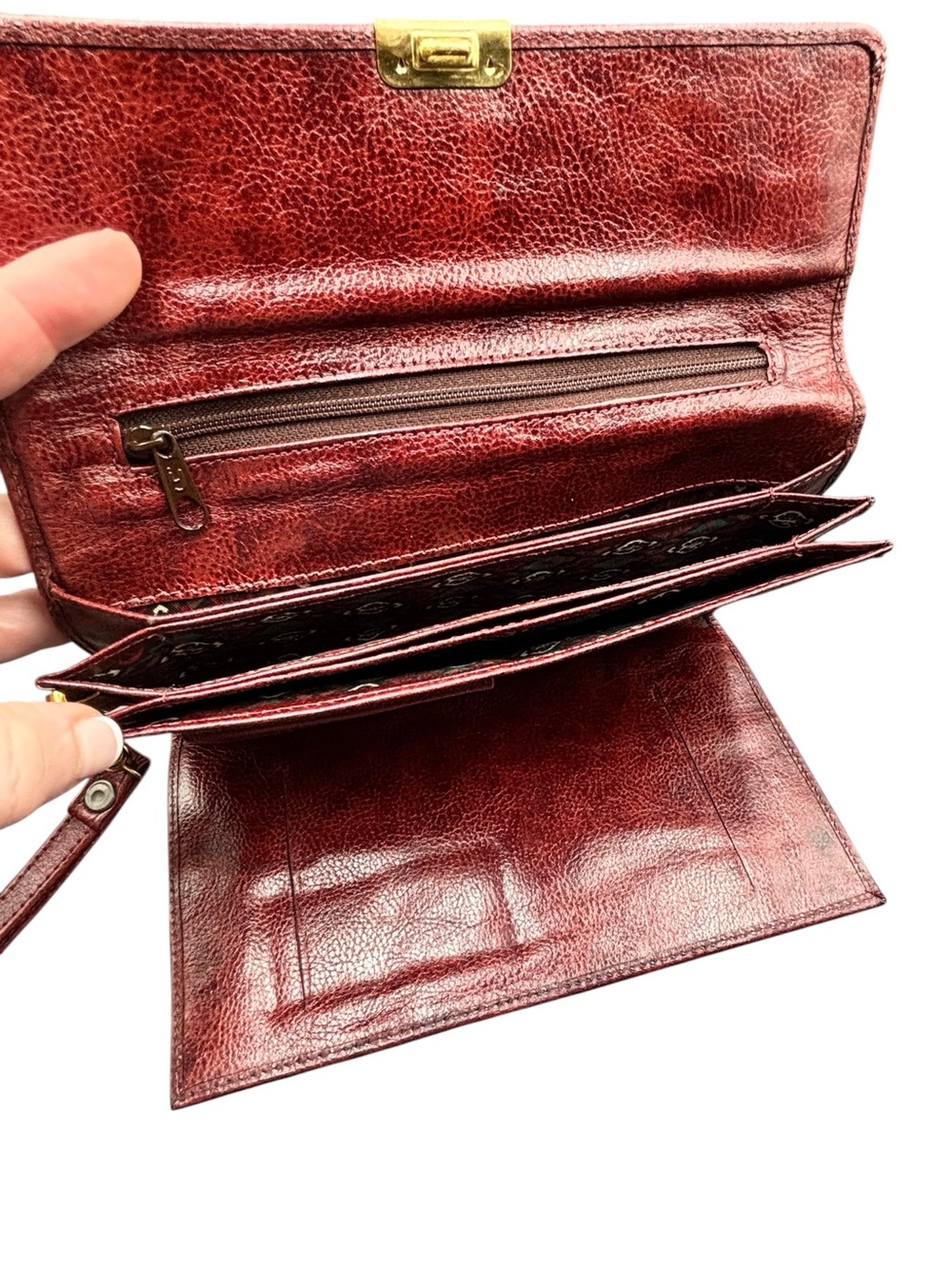Vintage Marruecos Colombian Leather Long Clutch Wallet Organizer Cognac Burgandy - Picture 6 of 10